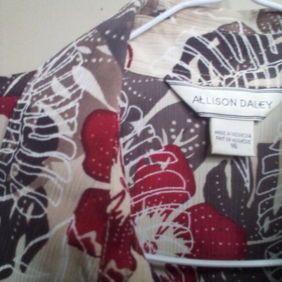 Allison Daley Blouse 16 Button Up 3/4 Sleeve Textured Floral Brown Red - Picture 4 of 13